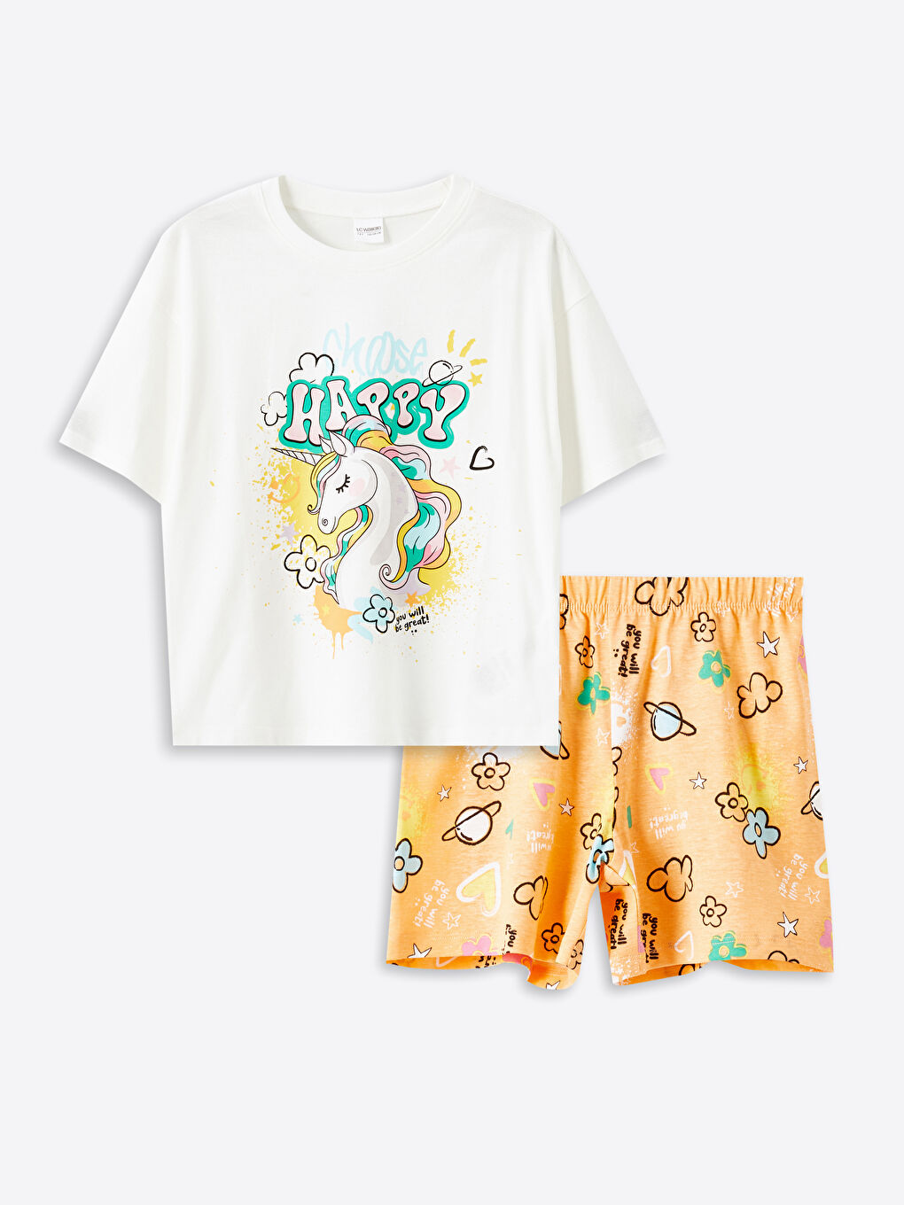 LCW Kids Ekru Bisiklet Yaka Kız Çocuk Şortlu Pijama Takımı