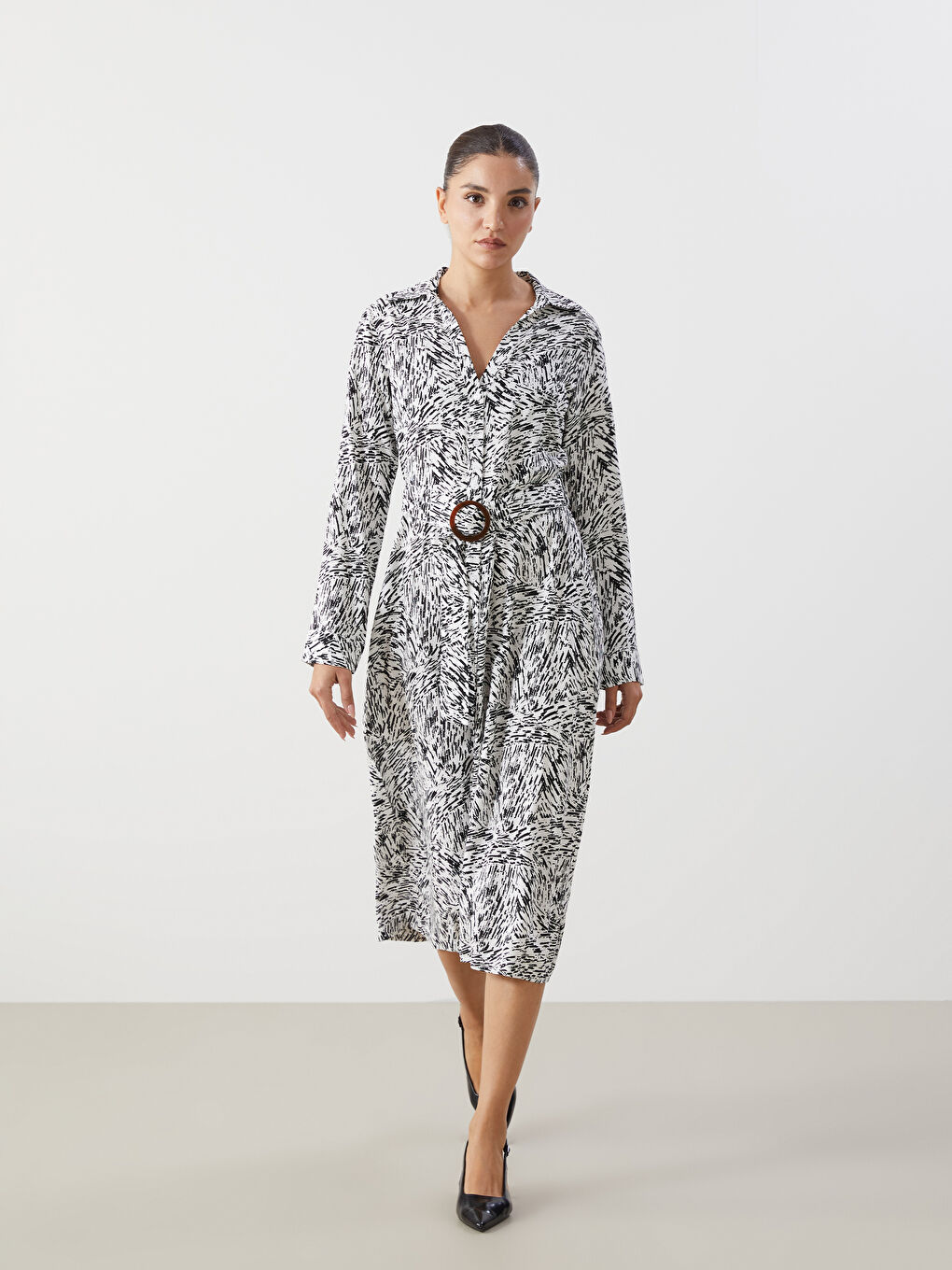 Patterned Belted Women's Midi Shirt Dress
