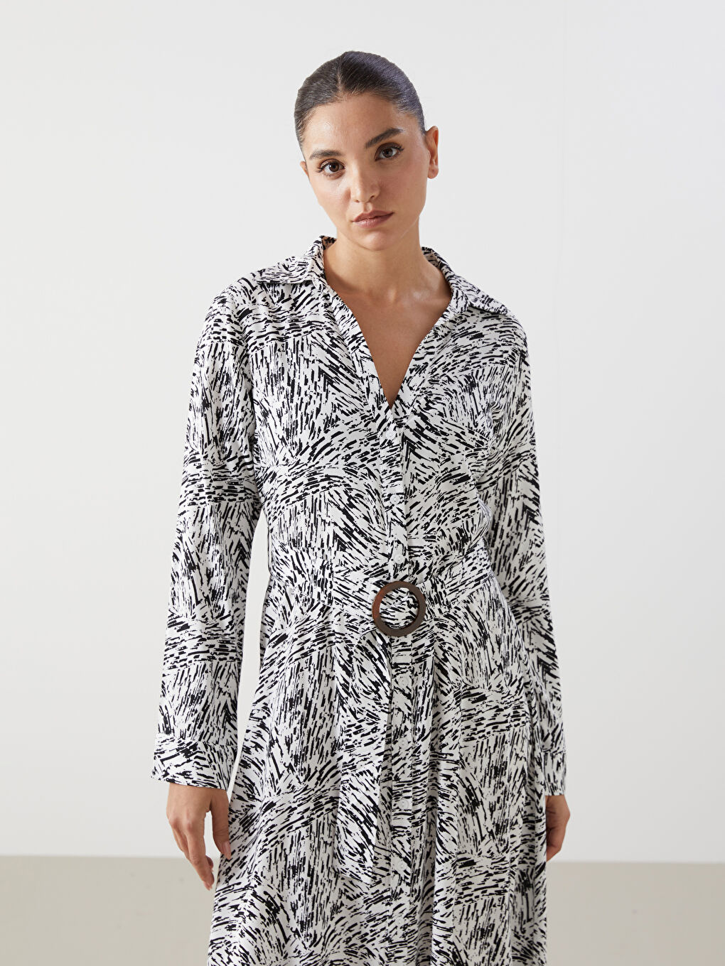 Patterned Belted Women's Midi Shirt Dress-1