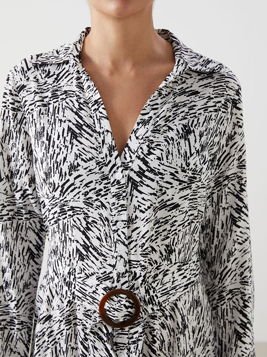 Patterned Belted Women's Midi Shirt Dress-2