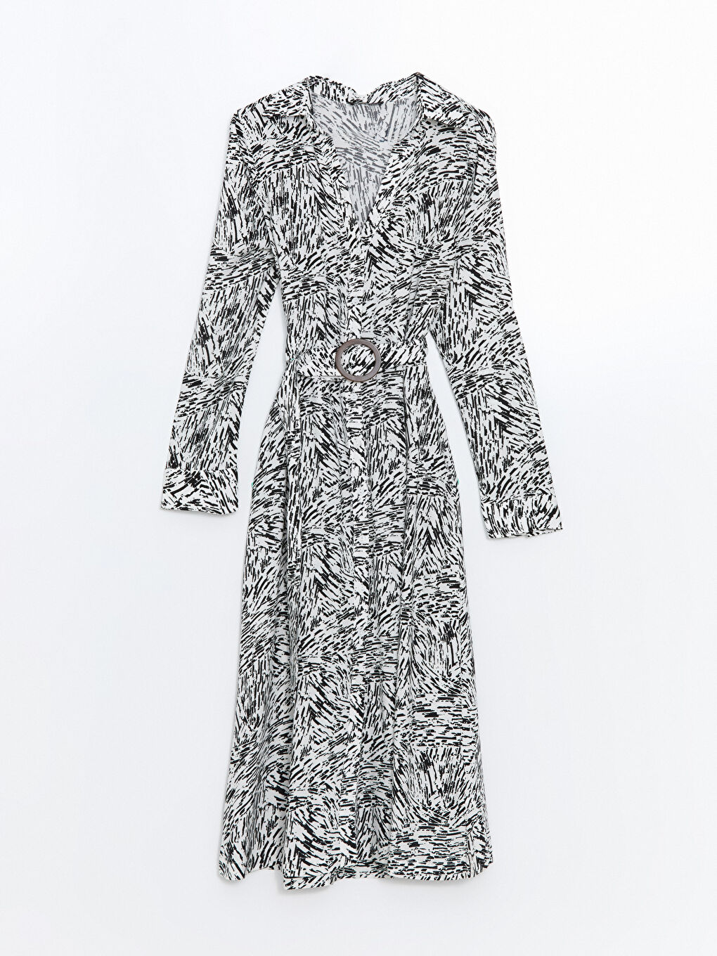 Patterned Belted Women's Midi Shirt Dress-4