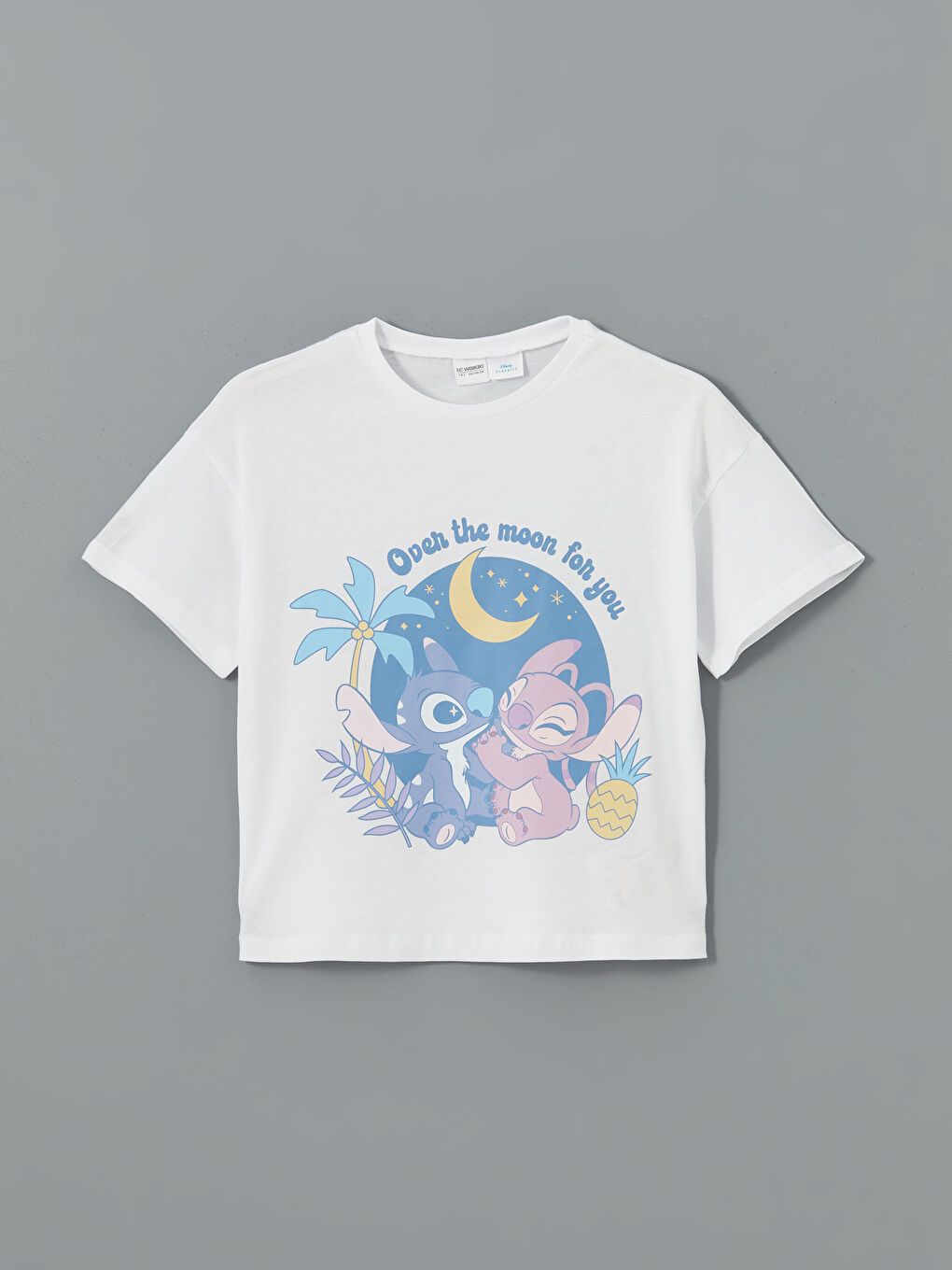 Beyaz Bisiklet Yaka Stitch ve Angel Baskılı Kız Çocuk Pijama Üst