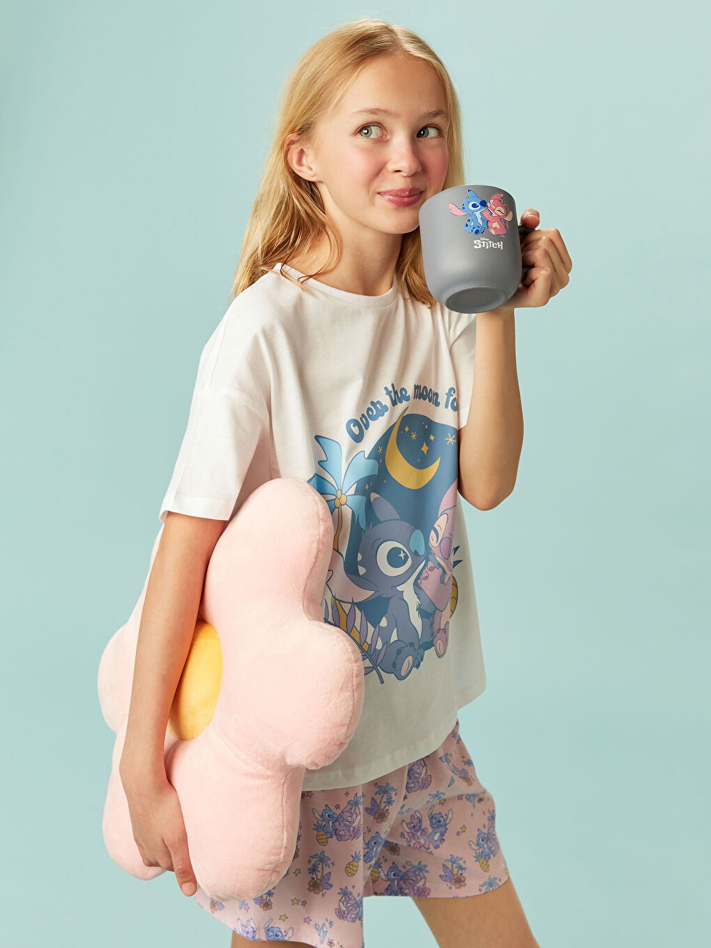 Crew Neck Lilo and Stitch Printed Girls' Shortie Pyjama Set -S5AP83Z4-FFB