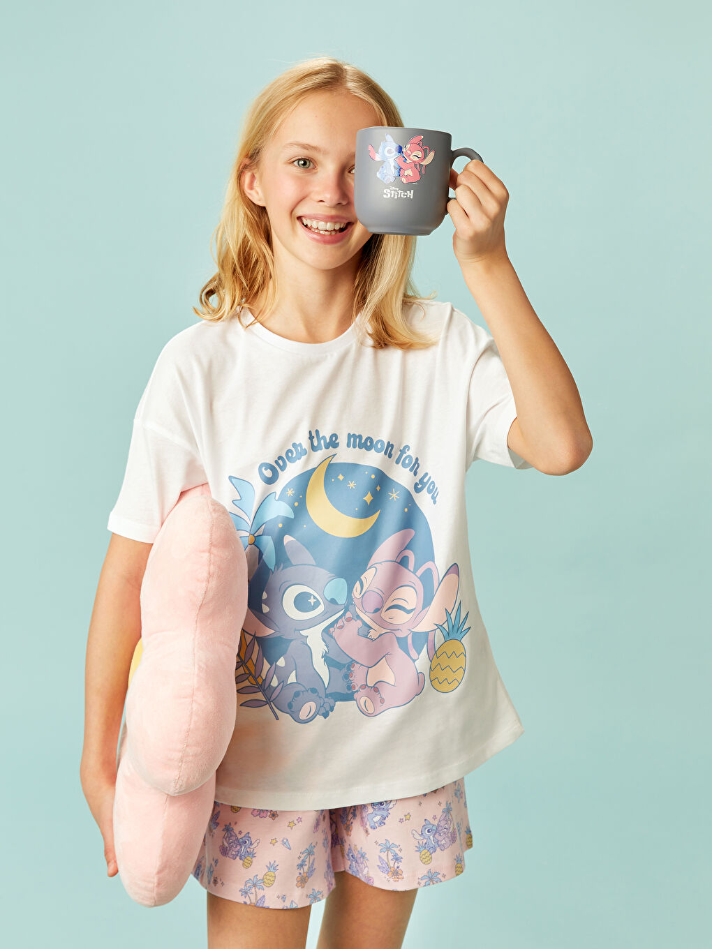 Crew Neck Lilo and Stitch Printed Girls' Shortie Pyjama Set -S5AP83Z4-FFB