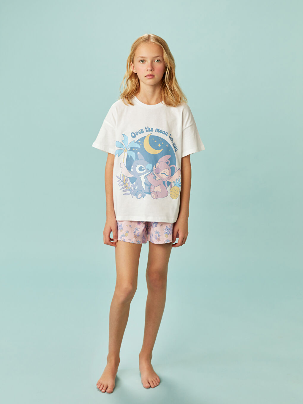 Crew Neck Lilo and Stitch Printed Girls' Shortie Pyjama Set -S5AP83Z4-FFB