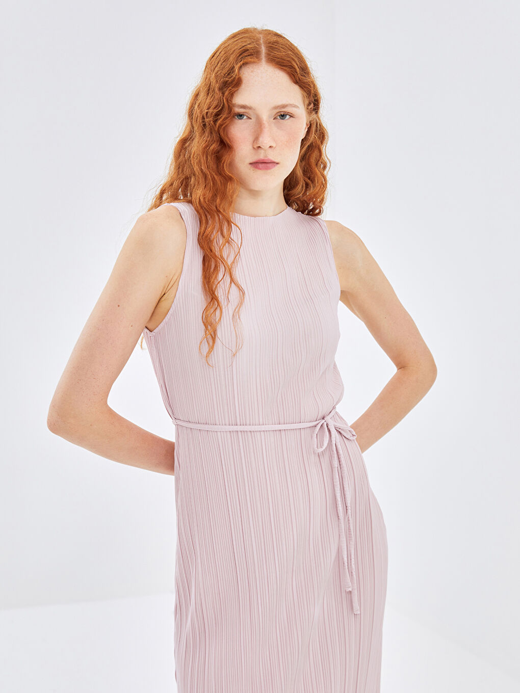 Crew Neck Textured Women's Sash Dress-1