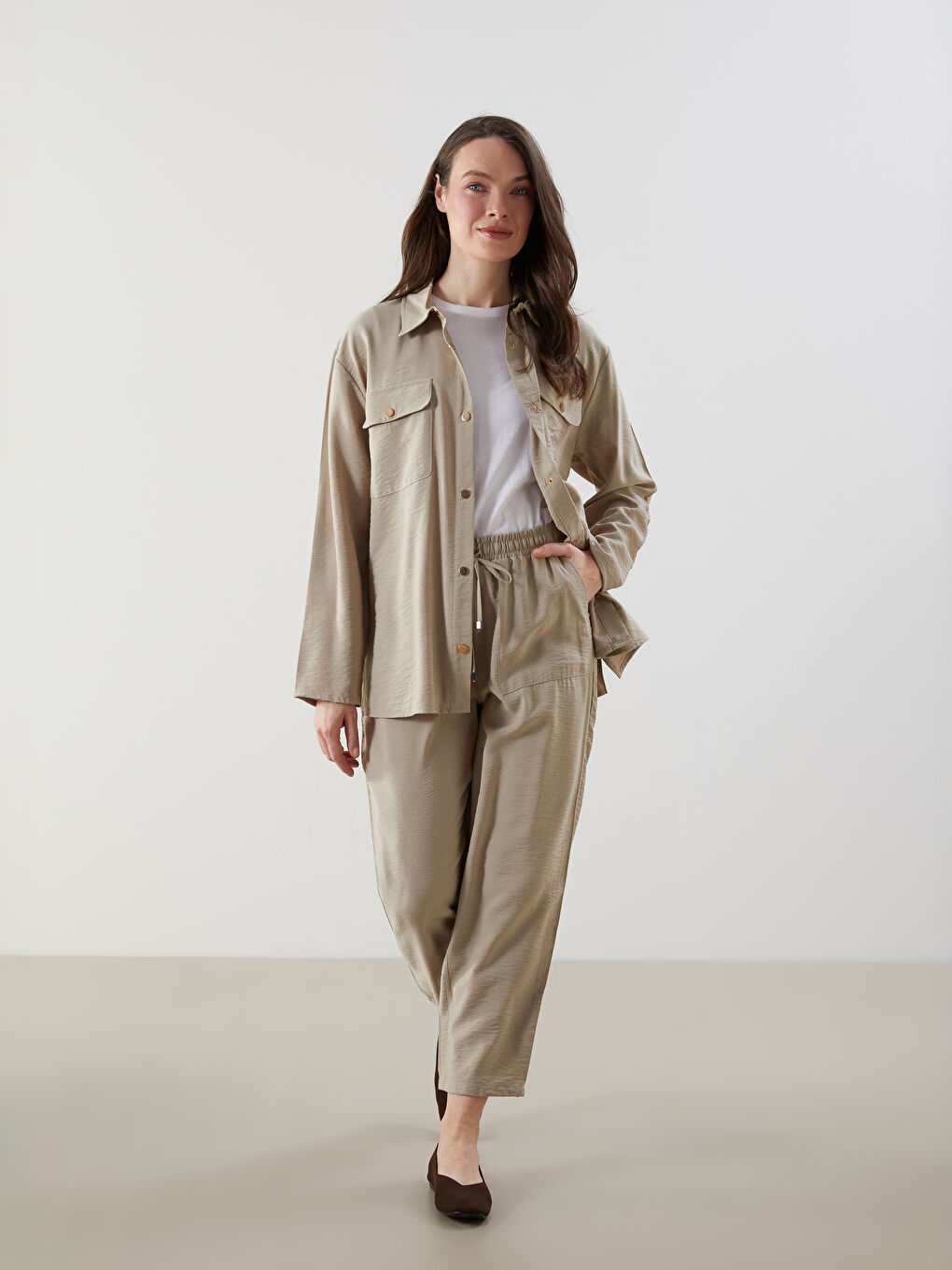 Bej Beli Lastikli Kadın Pantolon-2