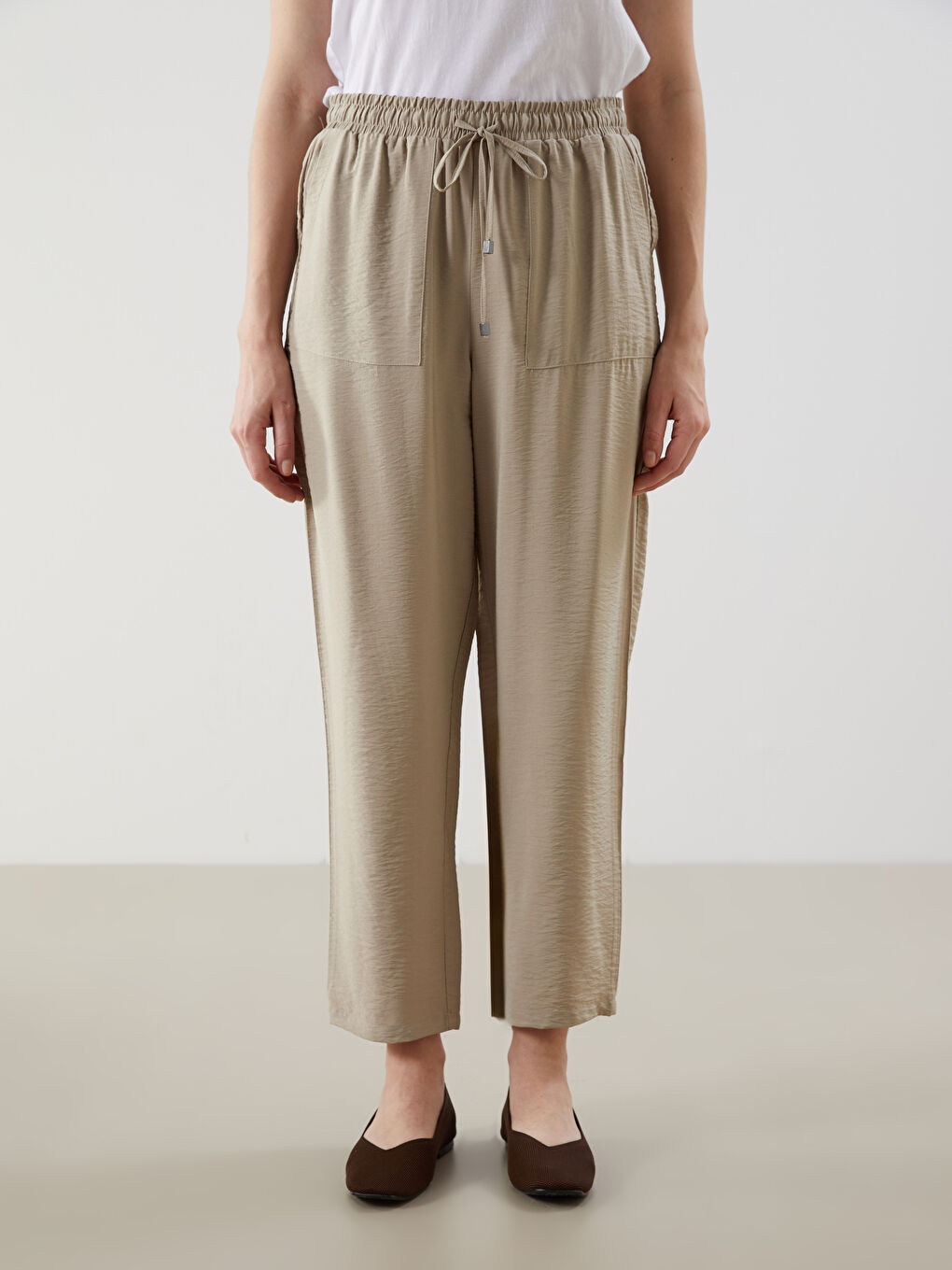 Bej Beli Lastikli Kadın Pantolon-3