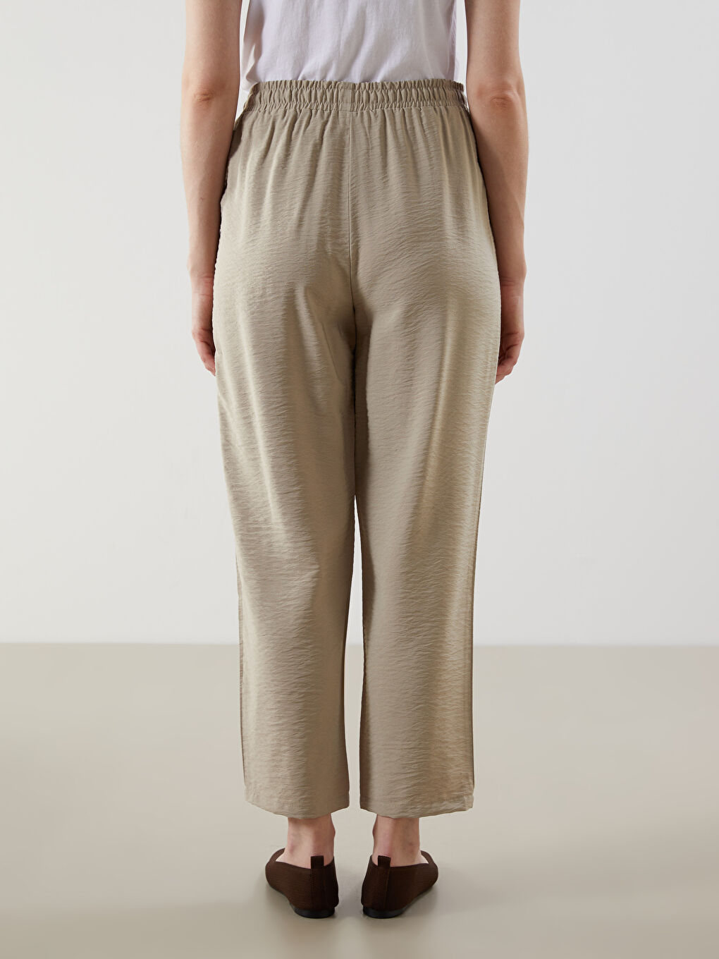 Bej Beli Lastikli Kadın Pantolon-5