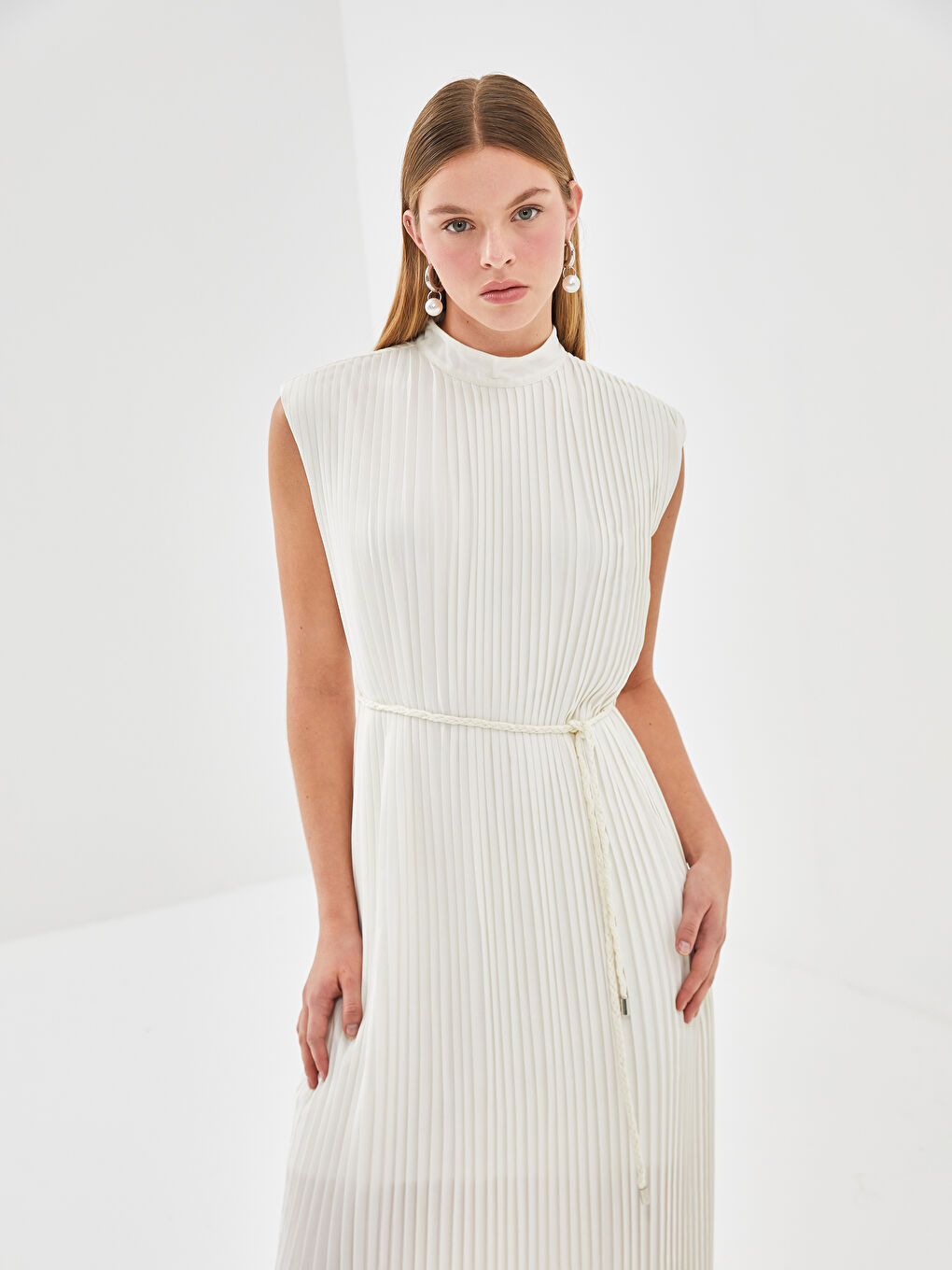 Plain Pleated Women's Midi Dress -S5AQ83Z8-R9J