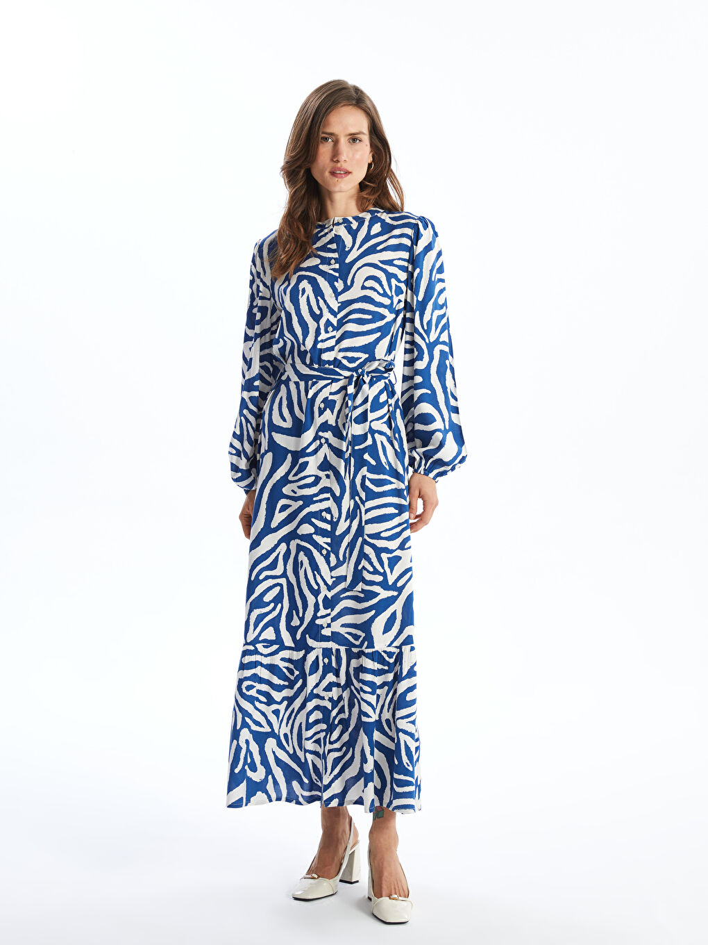 LCWAIKIKI Classic Patterned Women's Long Shirt Dress with Sash -S5AR10Z8-LSJ
