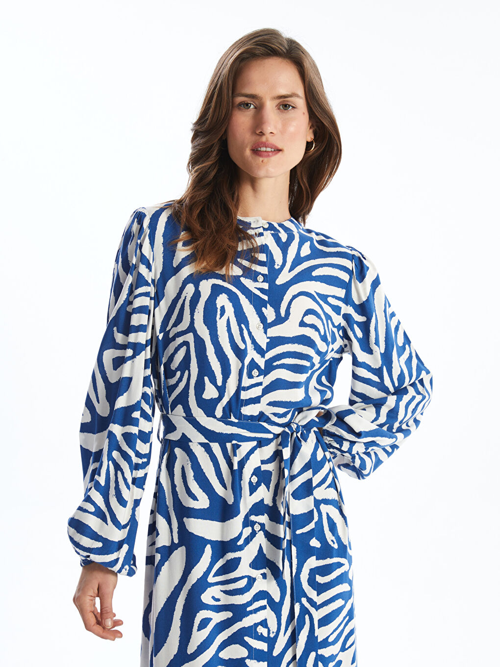 LCWAIKIKI Classic Patterned Women's Long Shirt Dress with Sash -S5AR10Z8-LSJ