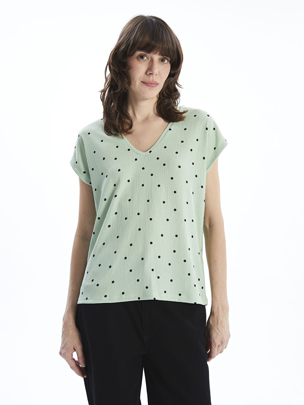 V Neck Polka Dot Women's T-Shirt -S5AT10Z8-LRF