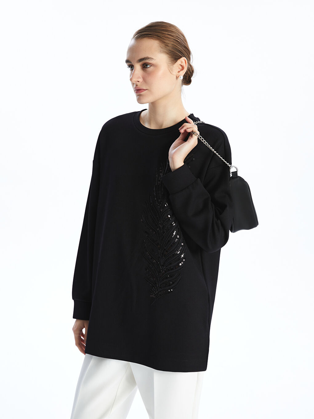 Crew Neck Sequin Embellished Oversize Women's Sweatshirt Tunic -S5AT15Z8-CVL