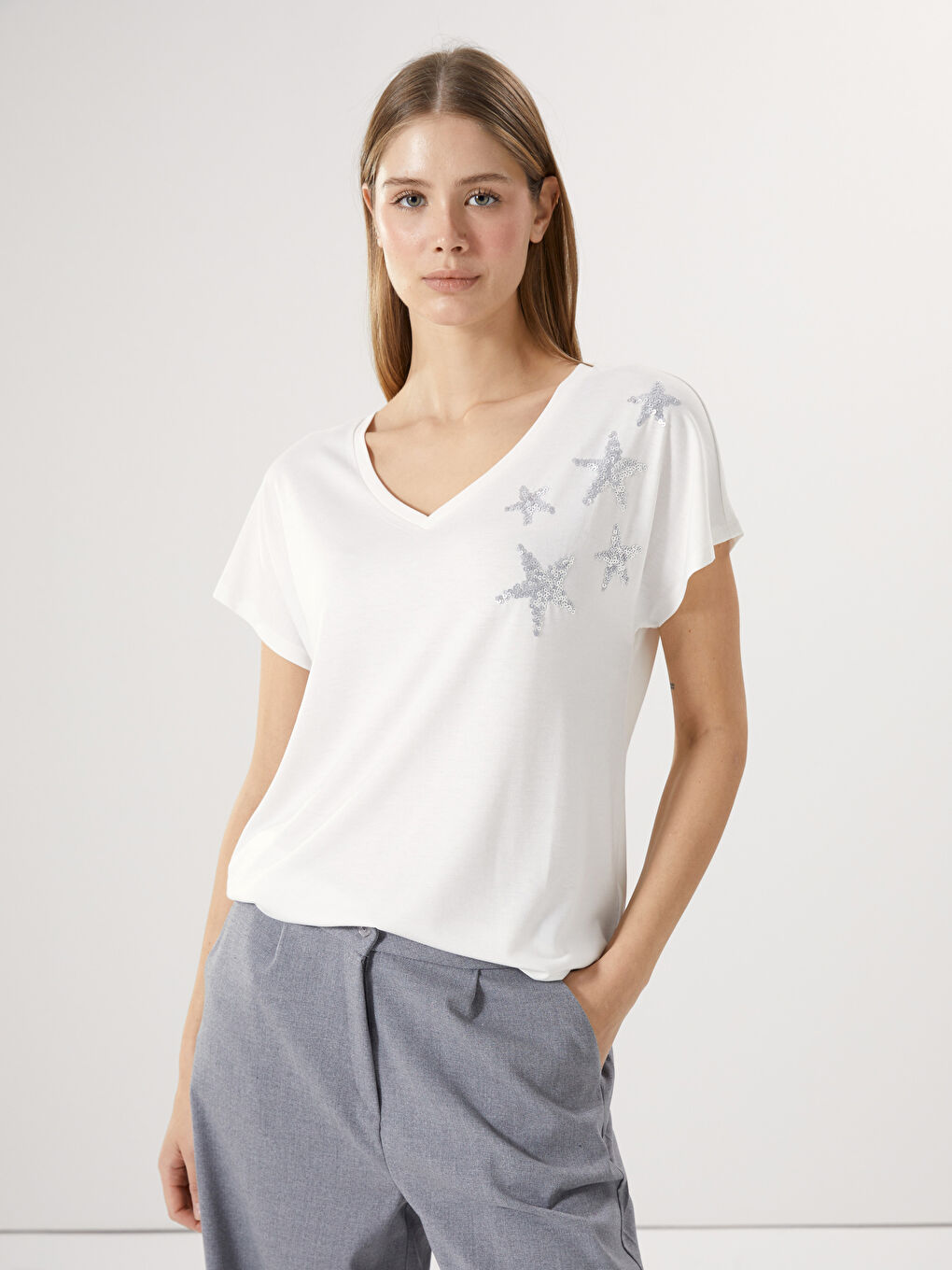 V-Neck Sequin Printed Women’S T-Shirt -S5AT16Z8-R9J