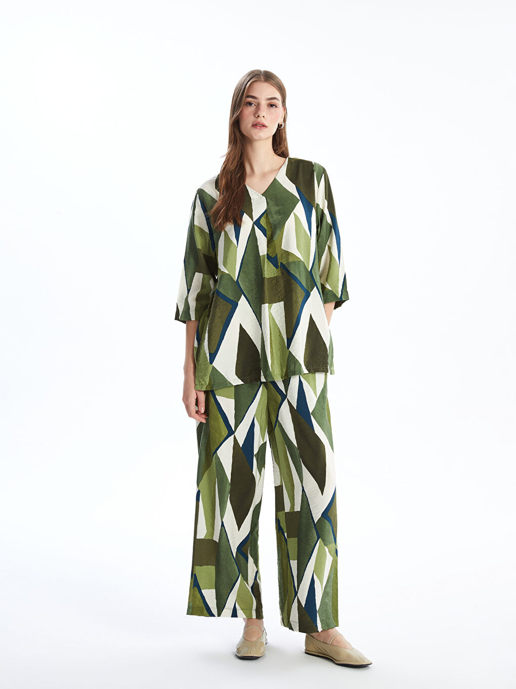 V-Neck Patterned Oversize Women's Blouse-1