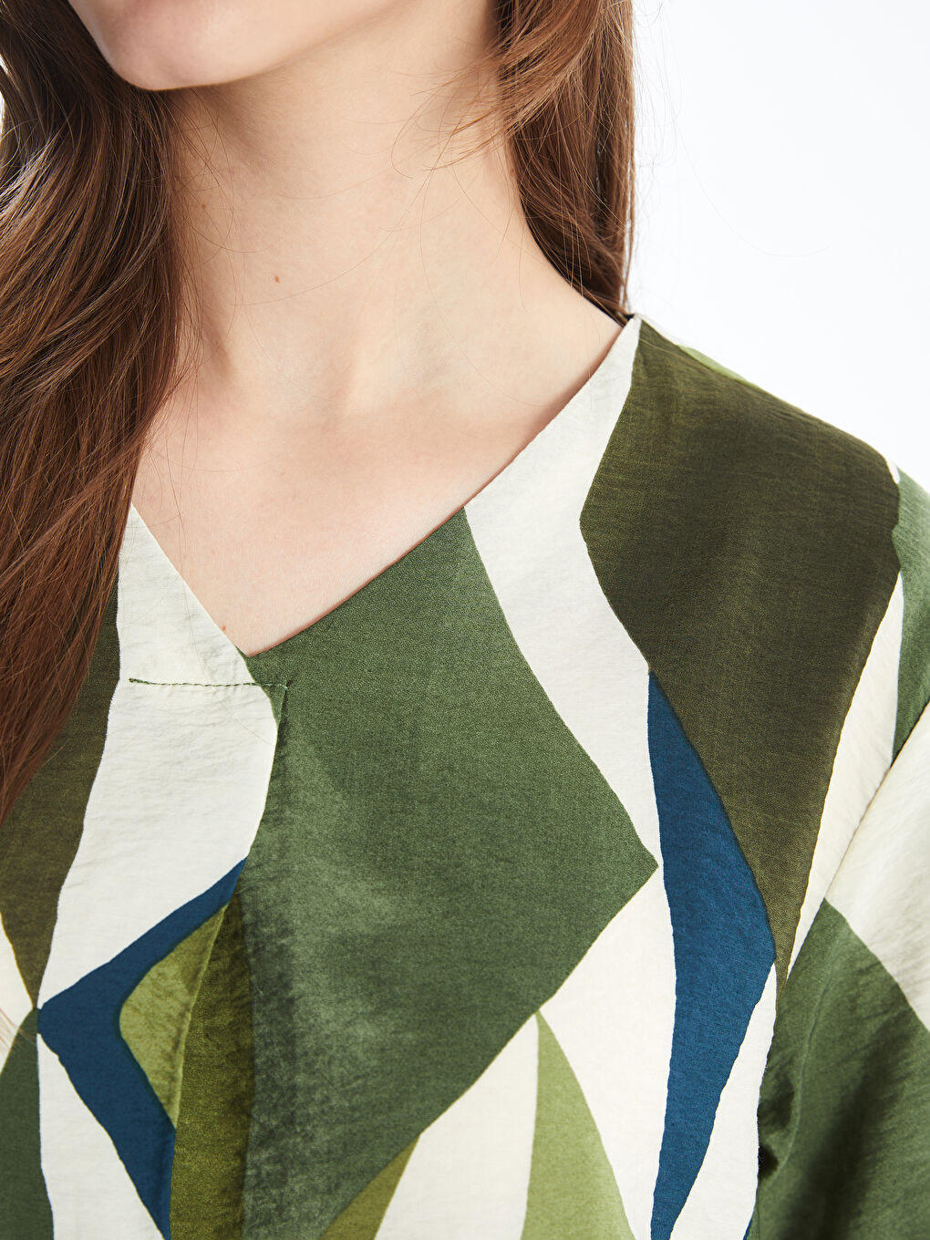 V-Neck Patterned Oversize Women's Blouse-2