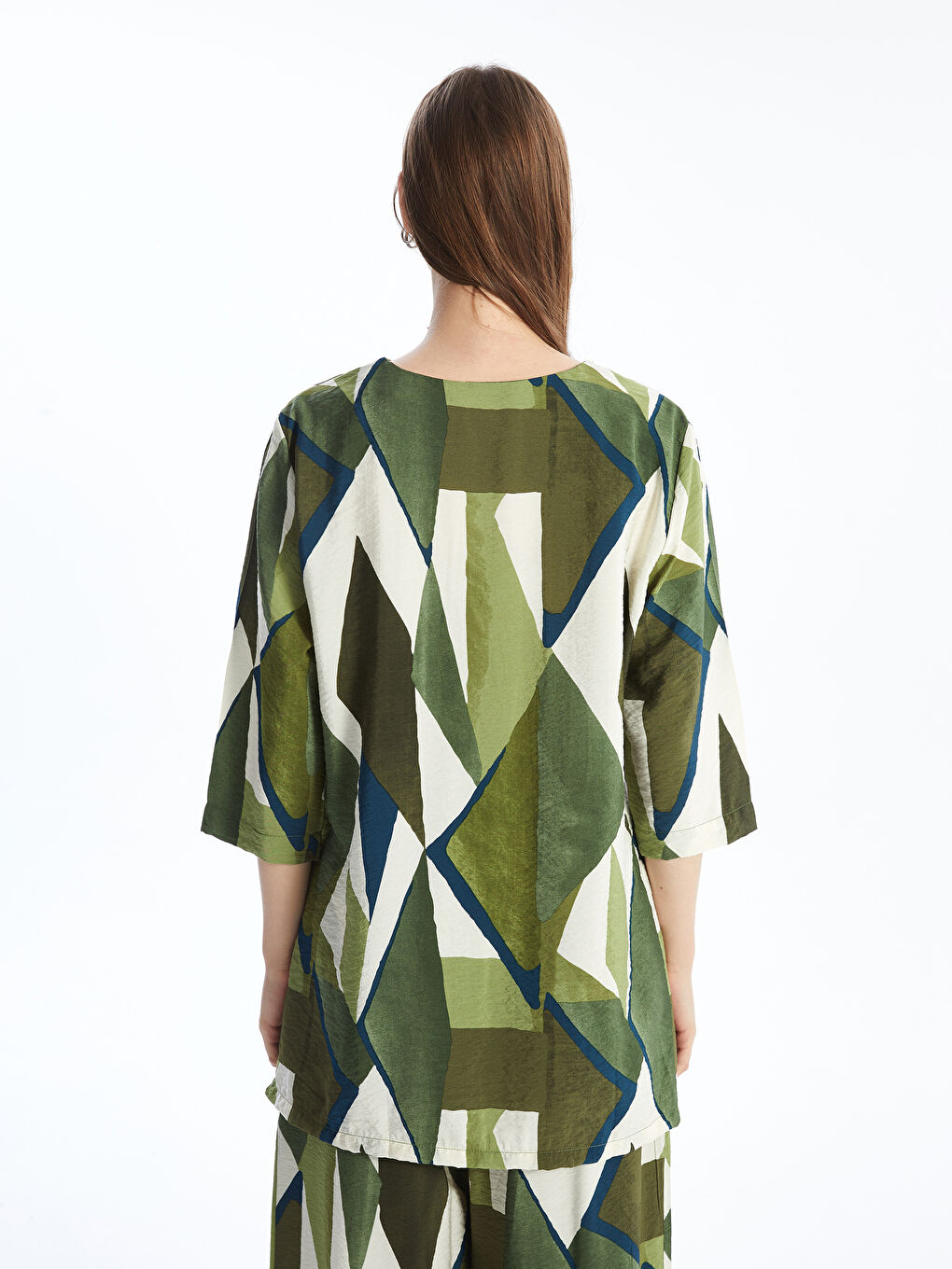 V-Neck Patterned Oversize Women's Blouse-3