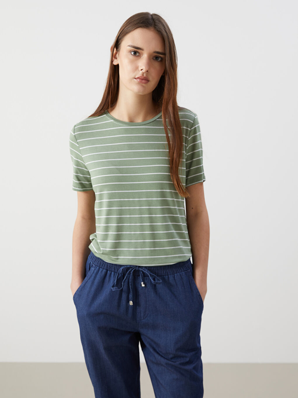 Crew Neck Striped Jersey Women's T-Shirt -S5AT96Z8-GBN