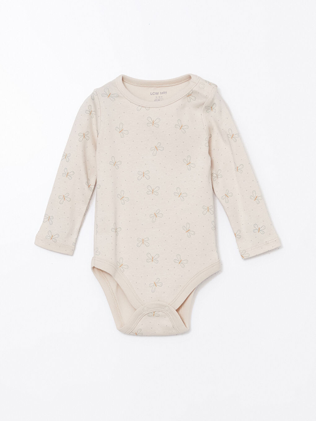 Ekru Kelebek Baskılı Kız Bebek Çıtçıtlı Body
