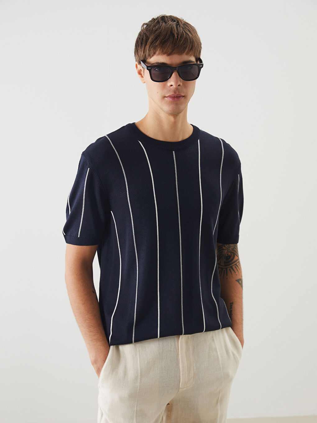 Crew Neck Short Sleeve Striped Men's Knitwear Sweater -S5BA17Z8-RFH