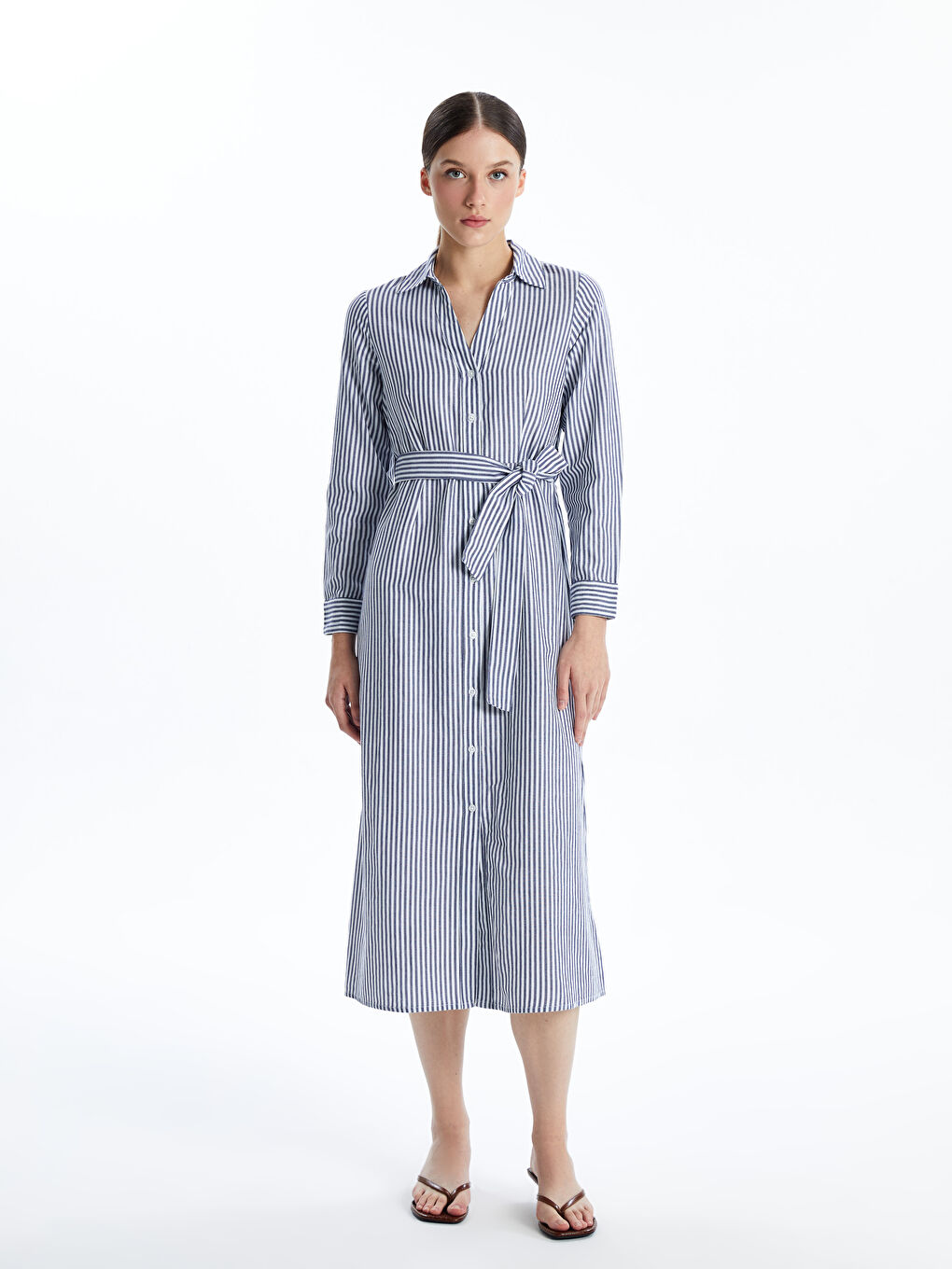 LCW Vision Striped Women's Midi Shirt Dress with Sash -S5BB11Z8-LEN