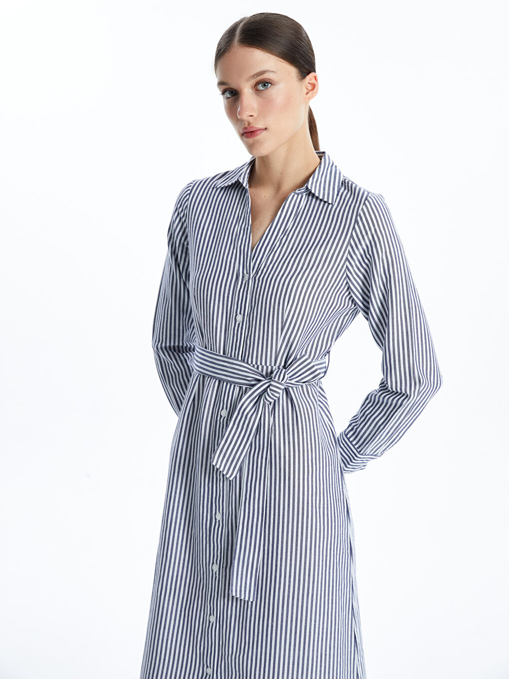 LCW Vision Striped Women's Midi Shirt Dress with Sash -S5BB11Z8-LEN