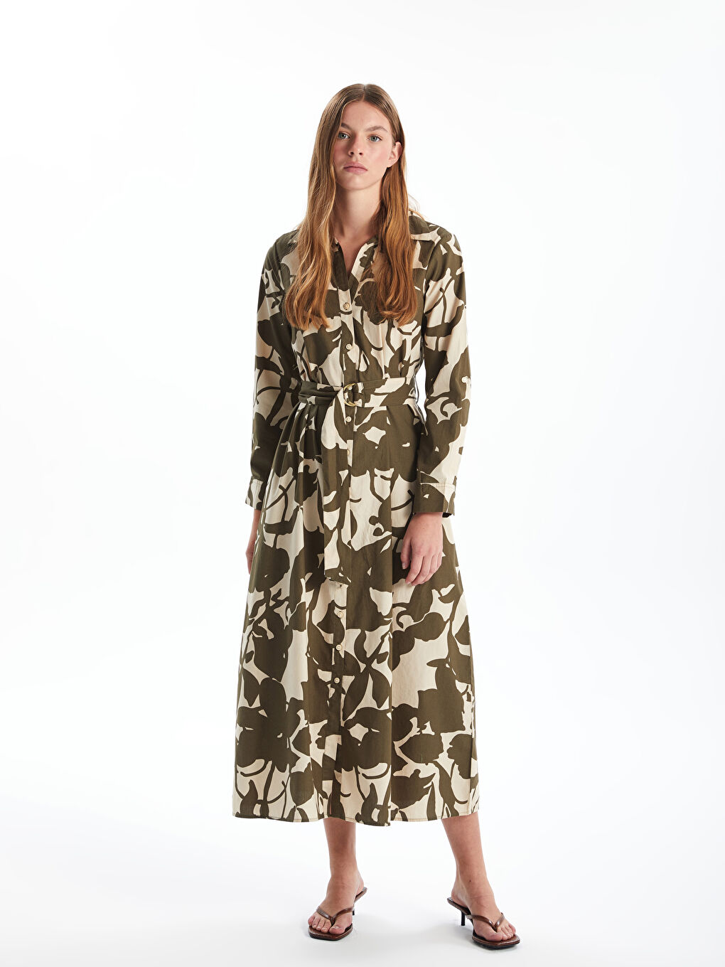 LCW Vision Patterned Belted Women's Midi Shirt Dress -S5BB14Z8-LRR