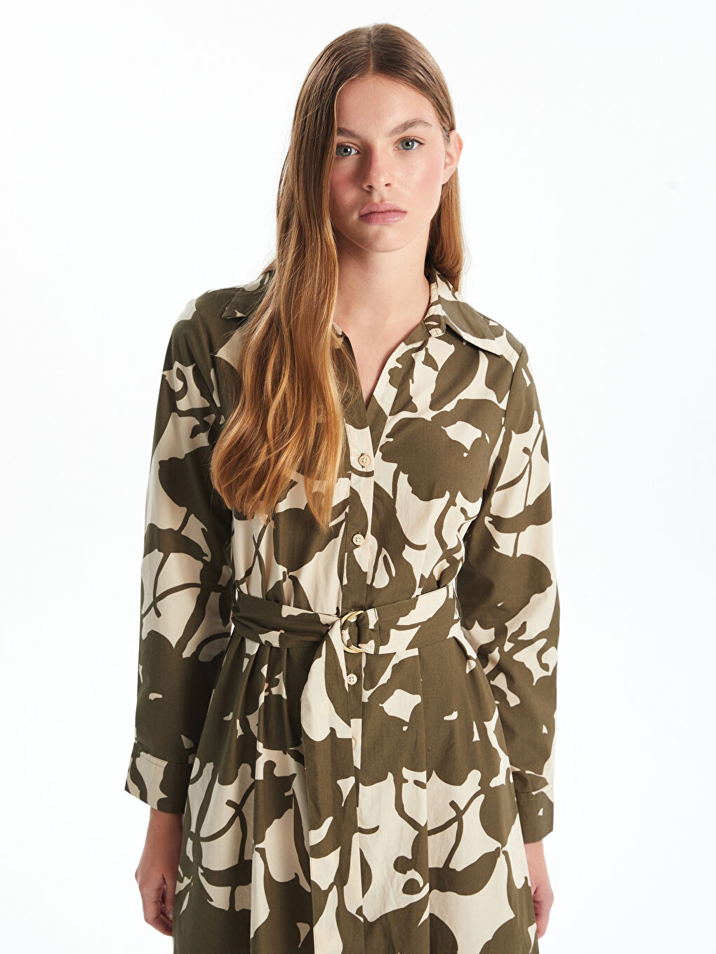 LCW Vision Patterned Belted Women's Midi Shirt Dress -S5BB14Z8-LRR