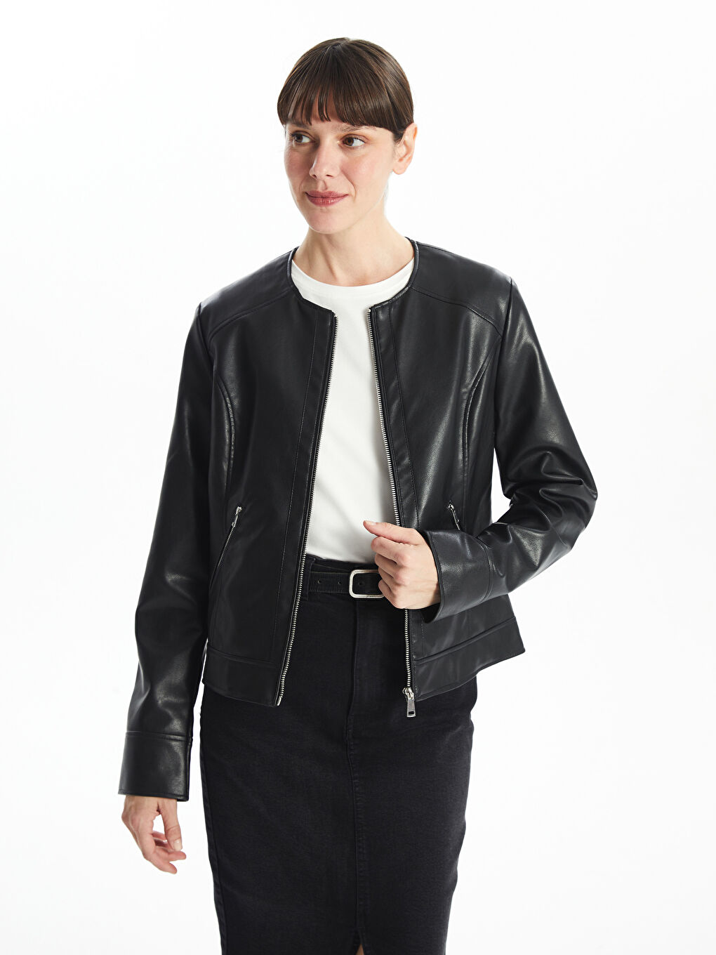 Crew Neck Women's Faux Leather Jacket -S5BB19Z8-CVL