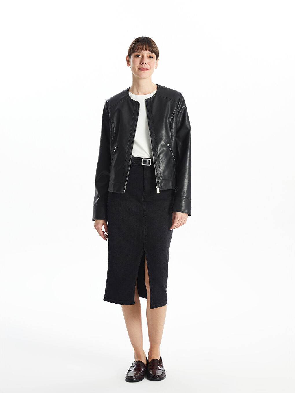 Crew Neck Women's Faux Leather Jacket -S5BB19Z8-CVL