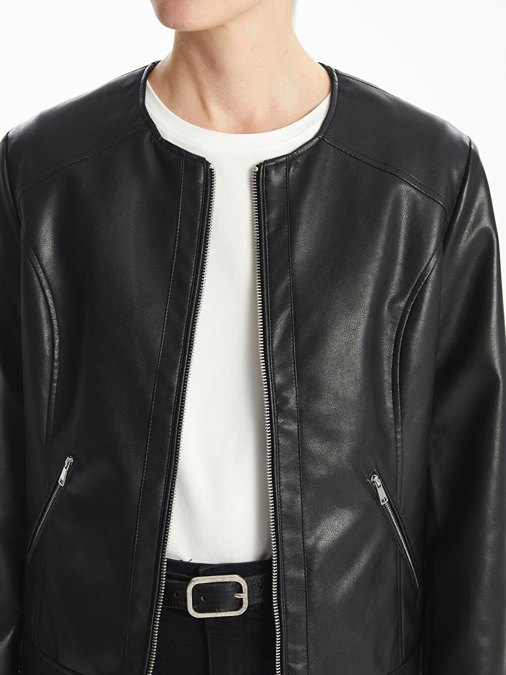 Crew Neck Women's Faux Leather Jacket -S5BB19Z8-CVL