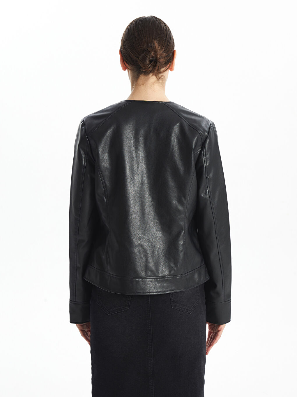 Crew Neck Women's Faux Leather Jacket -S5BB19Z8-CVL