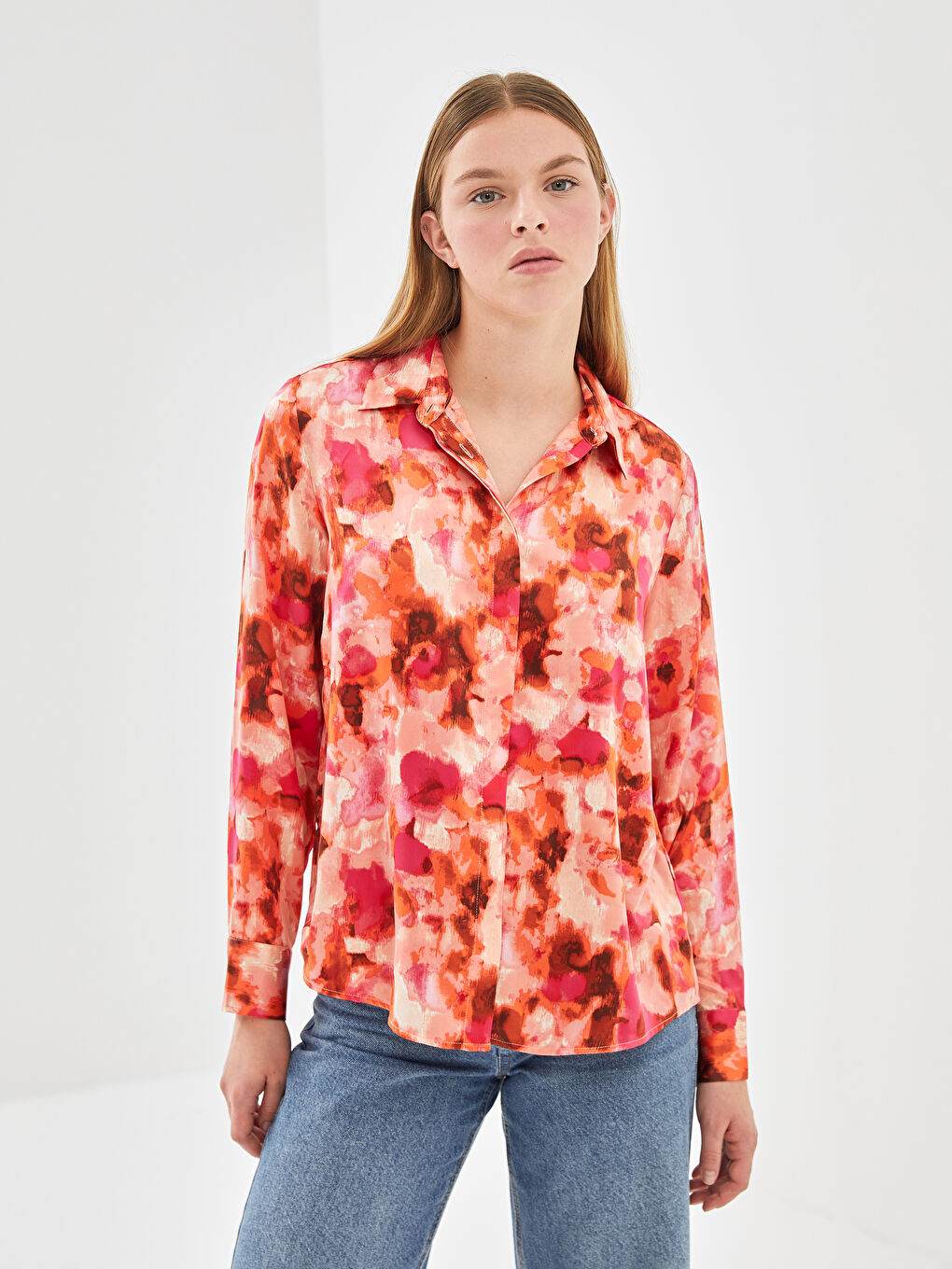 Loose Fit Women's Satin Shirt -S5BC04Z8-LT4