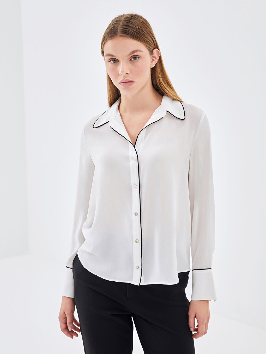 Collared Neck Plain Dobby Fabric Women's Blouse -S5BC09Z8-R9J