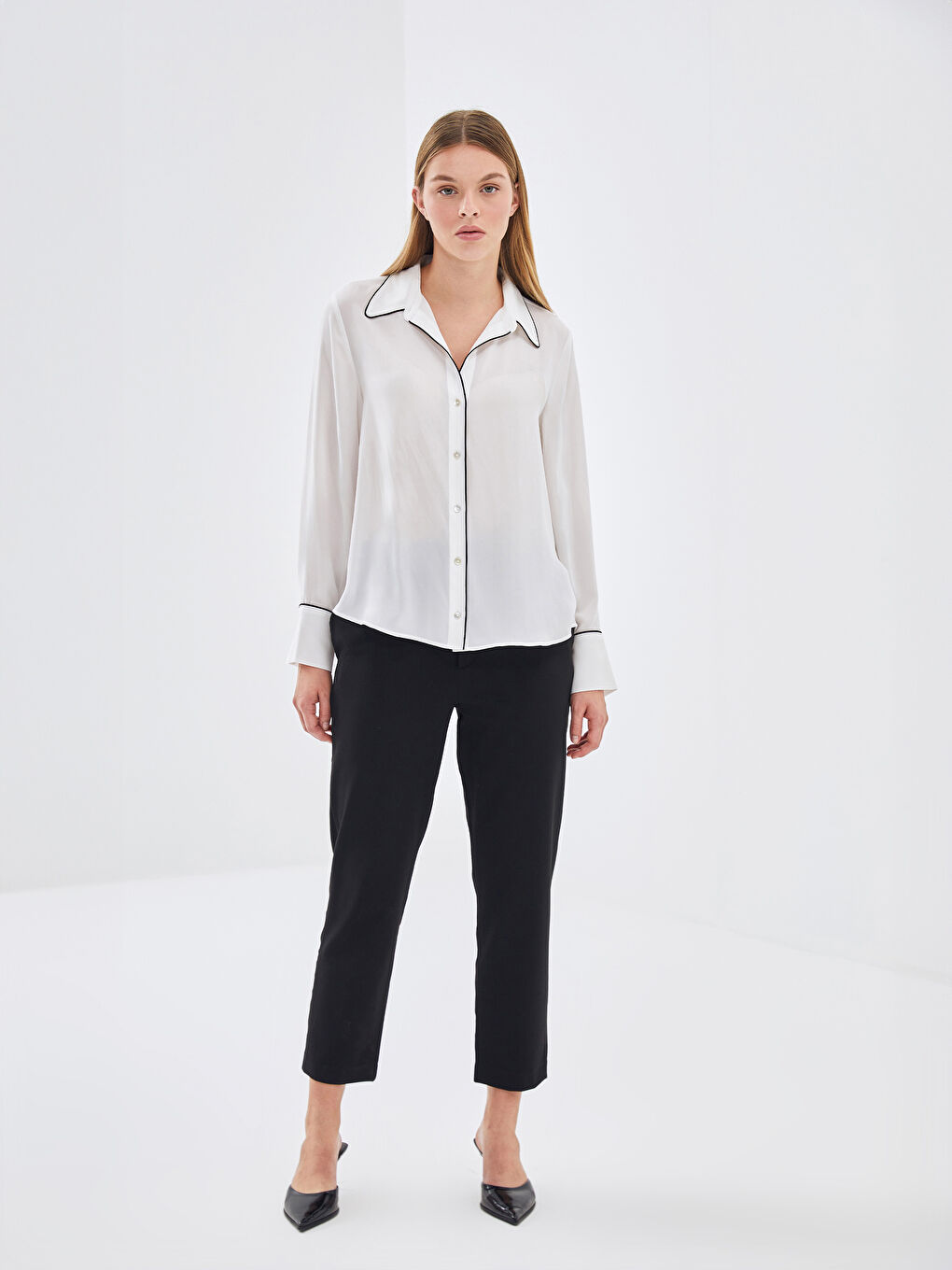Collared Neck Plain Dobby Fabric Women's Blouse -S5BC09Z8-R9J