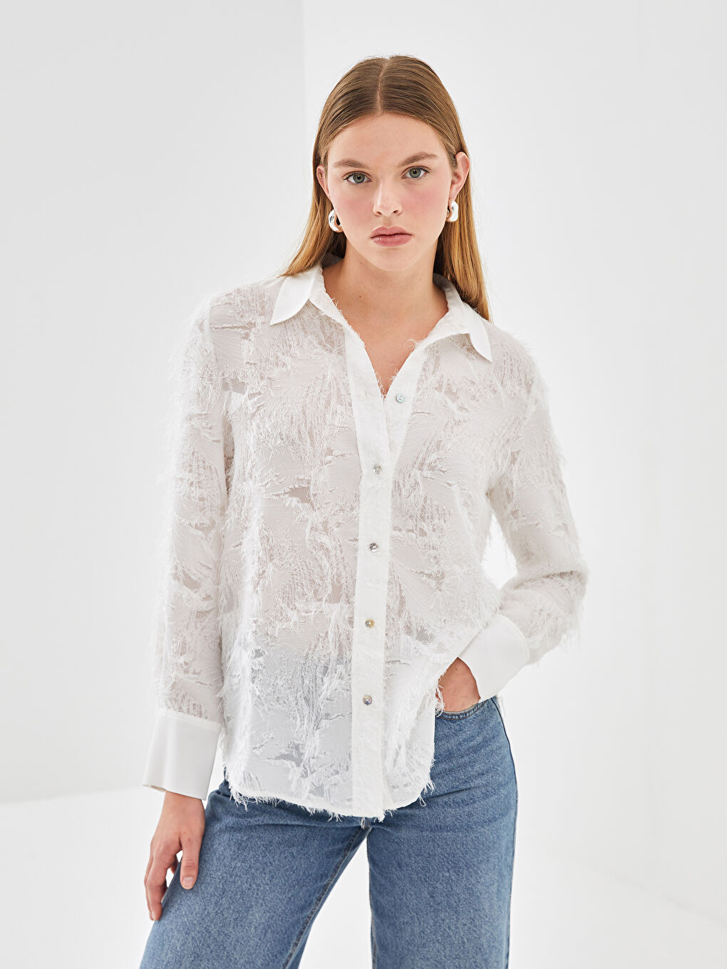 Collared Neck Patterned Tulle Jacquard Women's Blouse -S5BC16Z8-R9J