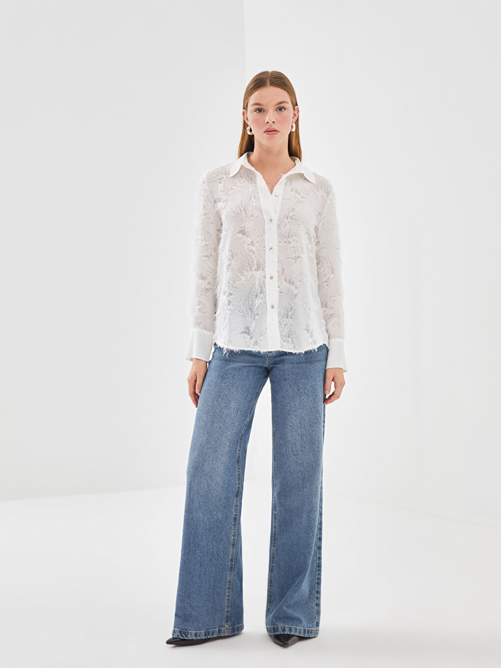 Collared Neck Patterned Tulle Jacquard Women's Blouse -S5BC16Z8-R9J