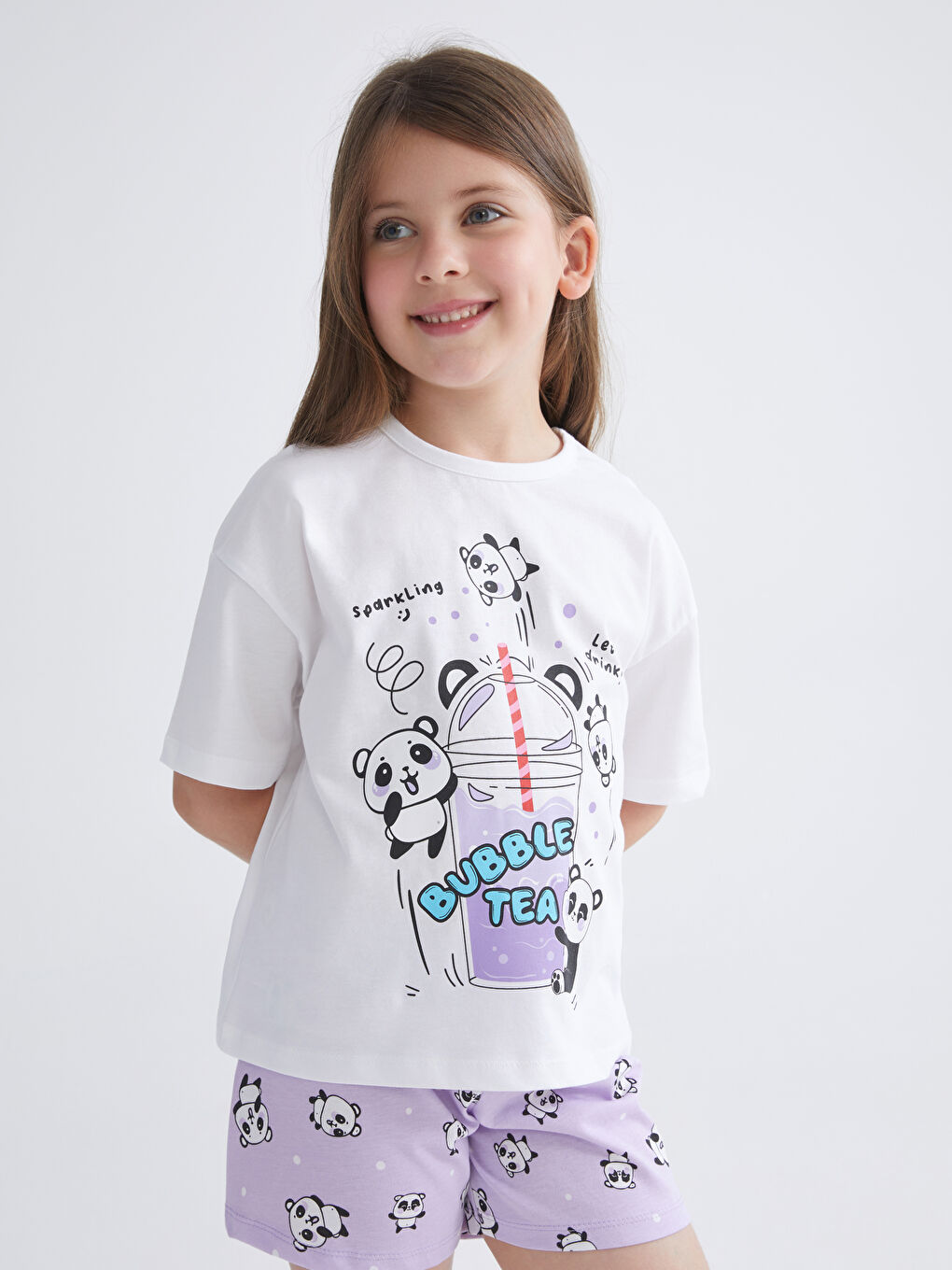LCW Kids Crew Neck Printed Girls' Pyjama Set with Shorts -S5BC37Z1-FFB
