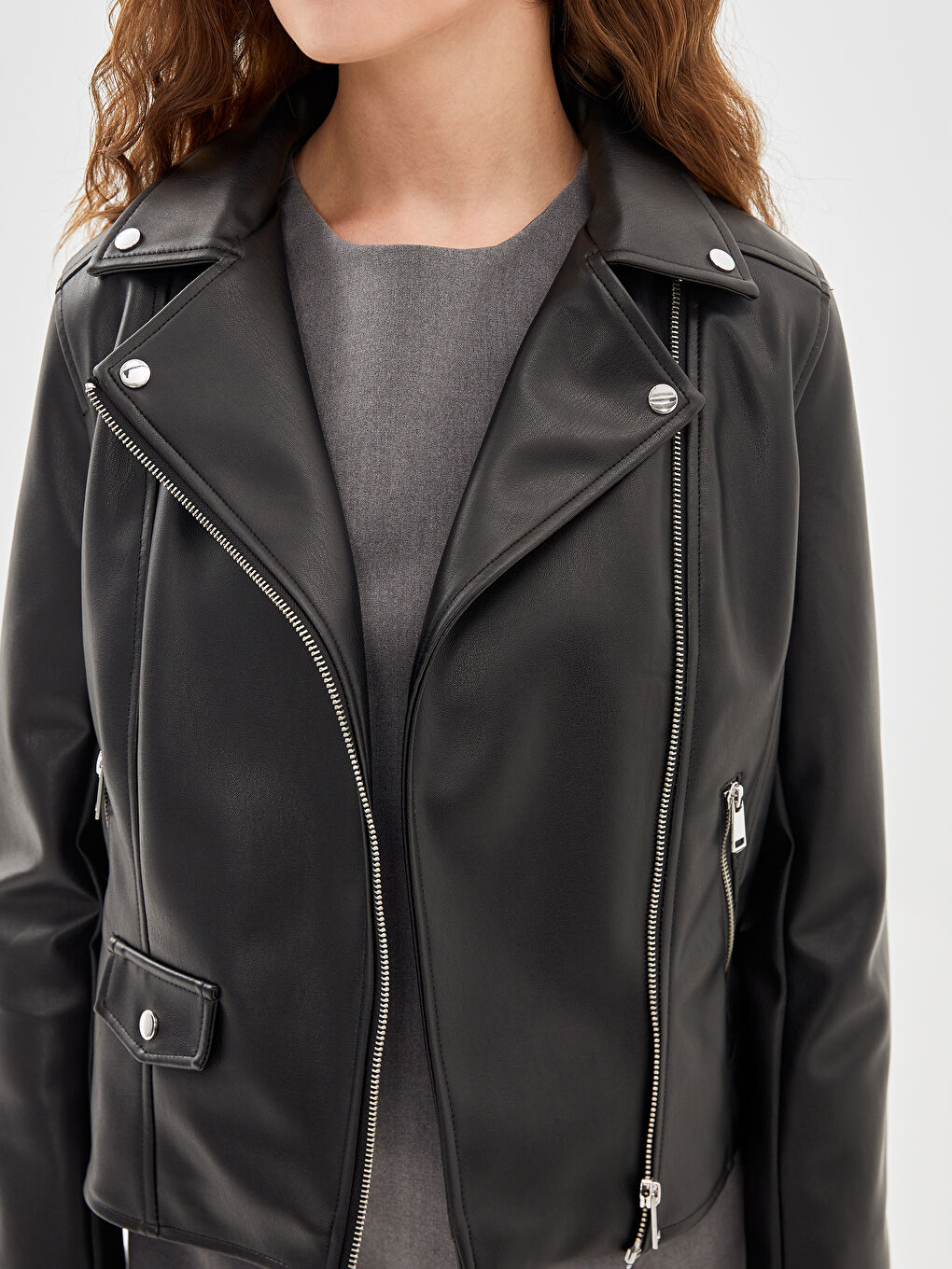 Biker Neck Women's Faux Leather Jacket-2