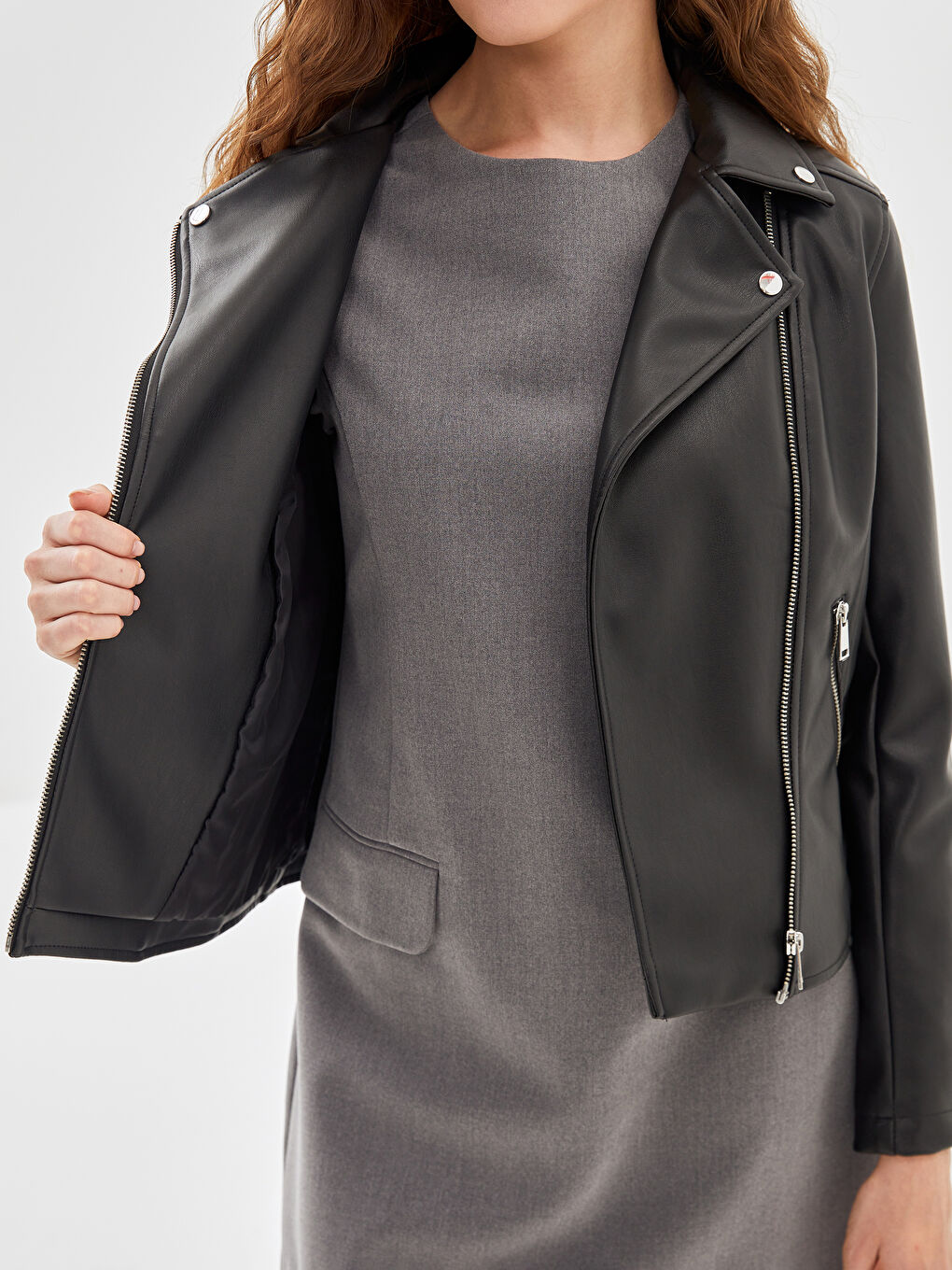 Biker Neck Women's Faux Leather Jacket-3