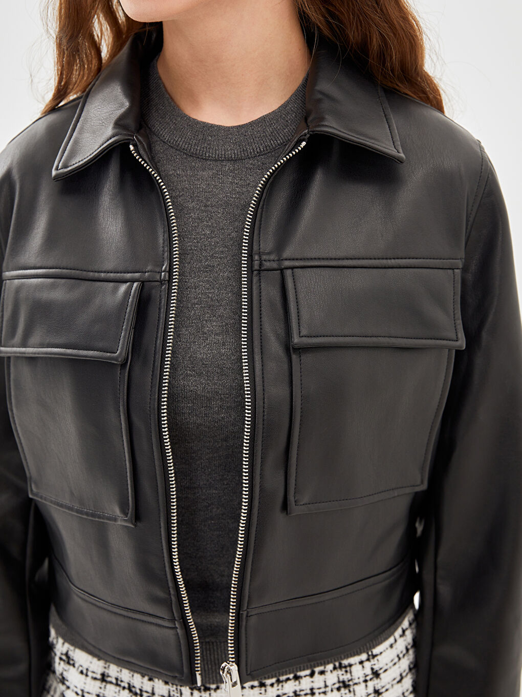 Collared Neck Women's Faux Leather Jacket -S5BF19Z8-CVL