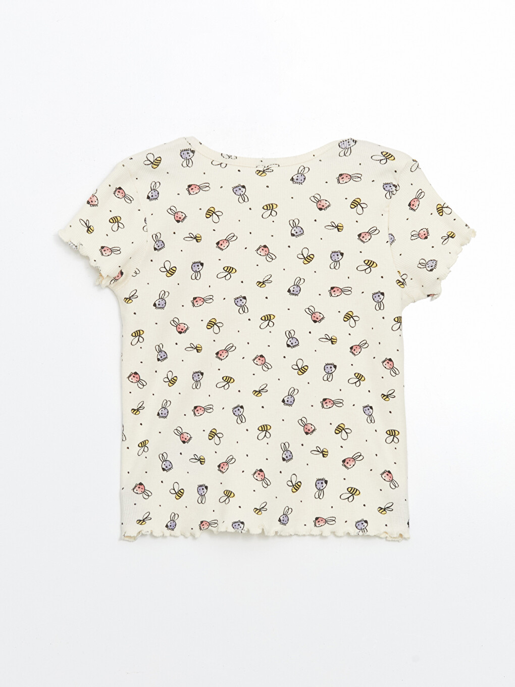 Ekru Bisiklet Yaka Baskılı Kız Çocuk Pijama Üstü-1