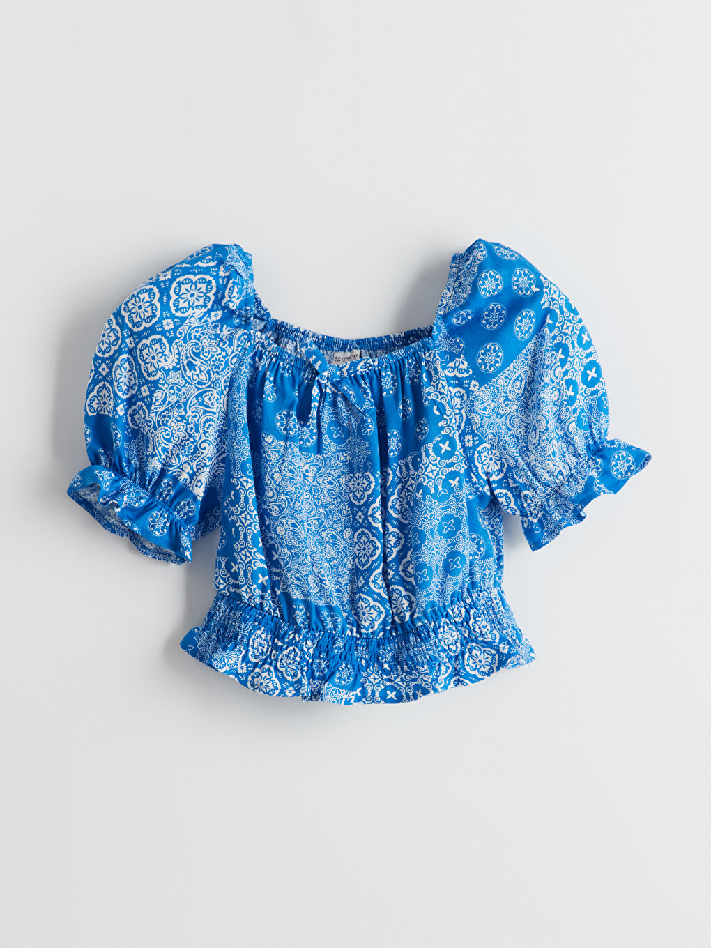 Square Neck Printed Ruched Viscose Girls' Blouse