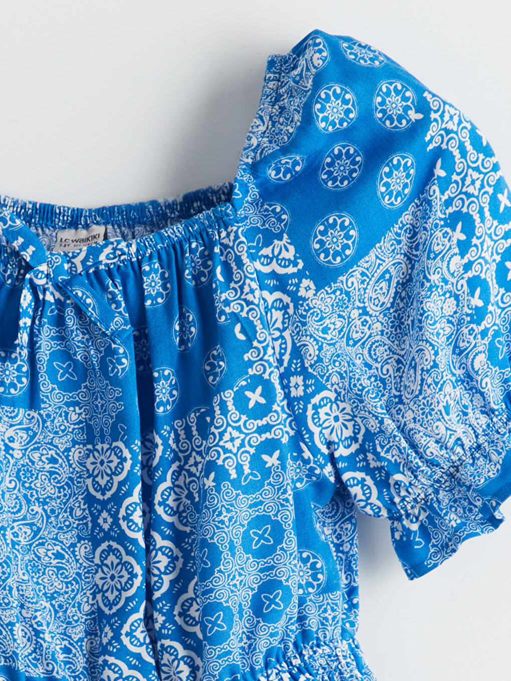 Square Neck Printed Ruched Viscose Girls' Blouse-1
