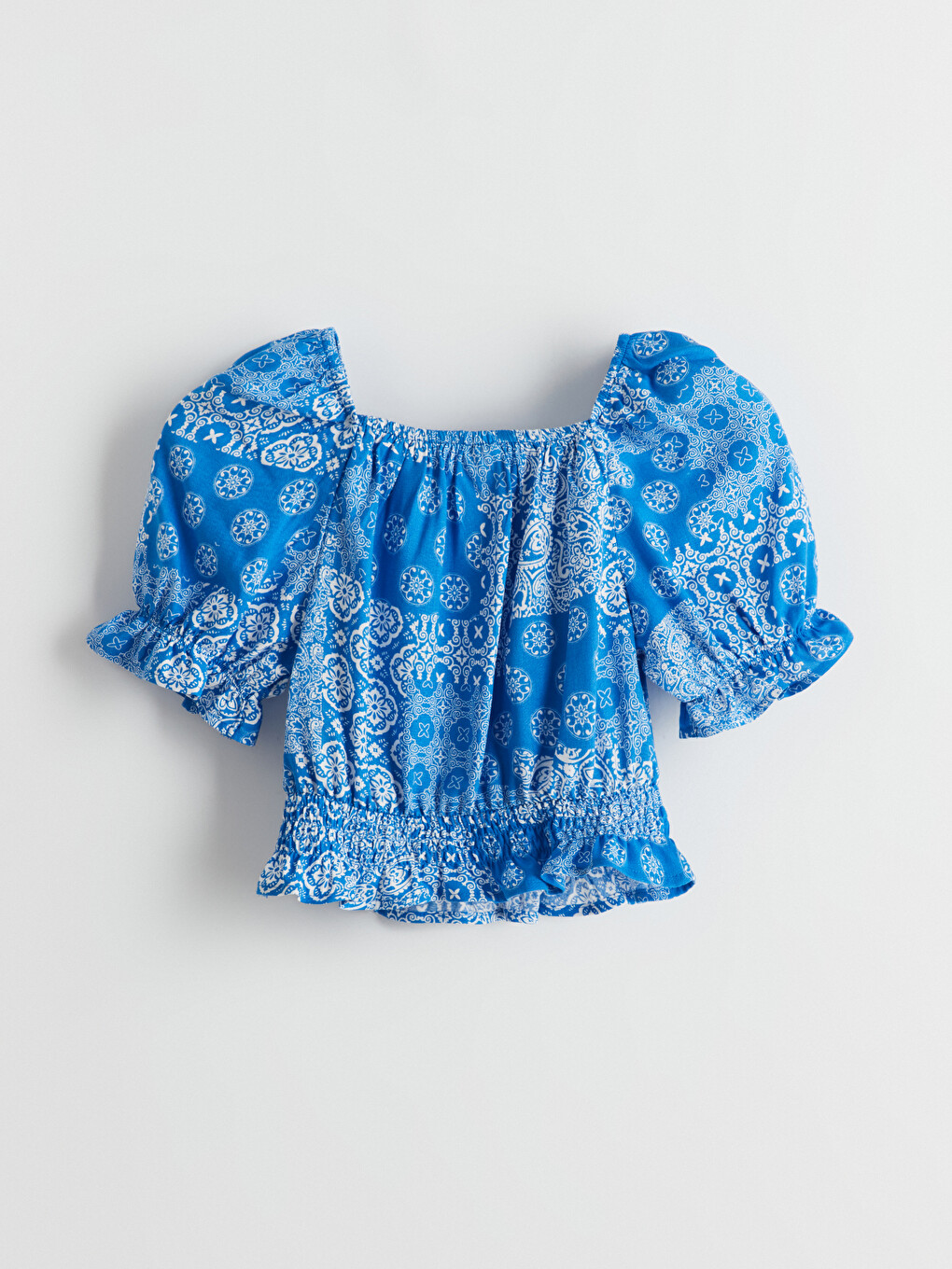 Square Neck Printed Ruched Viscose Girls' Blouse-2