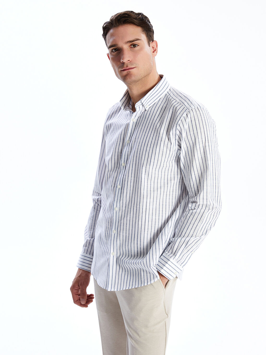 Slim Fit Long Sleeve Striped Poplin Men's Shirt -S5BK22Z8-RFH