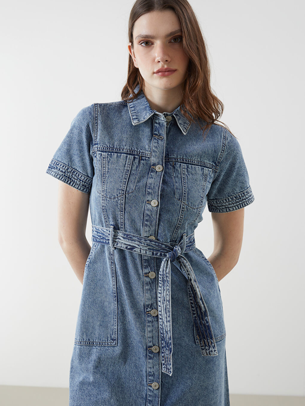 Collared Neck Women's Denim Dress -S5BK64Z8-507