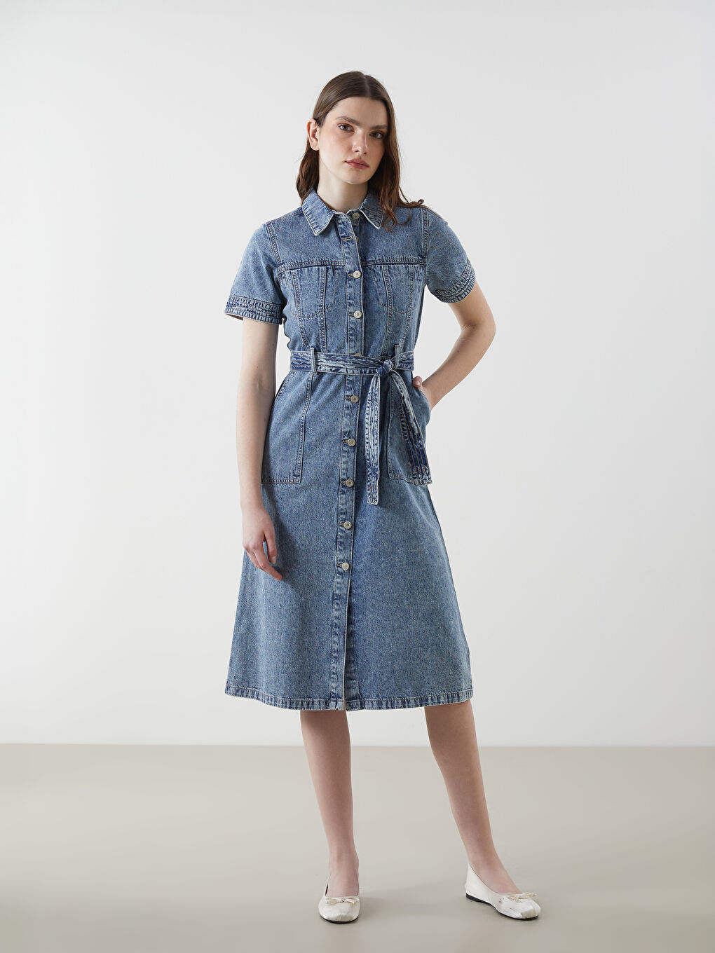 Collared Neck Women's Denim Dress -S5BK64Z8-507