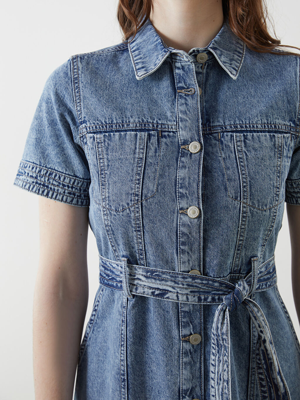 Collared Neck Women's Denim Dress -S5BK64Z8-507